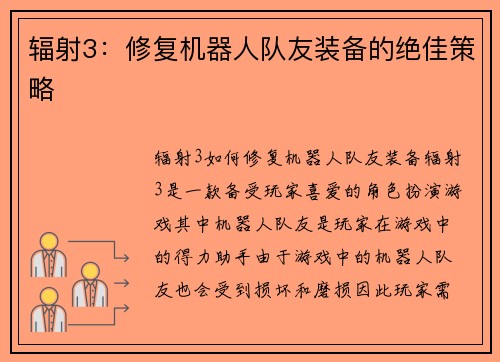 辐射3：修复机器人队友装备的绝佳策略