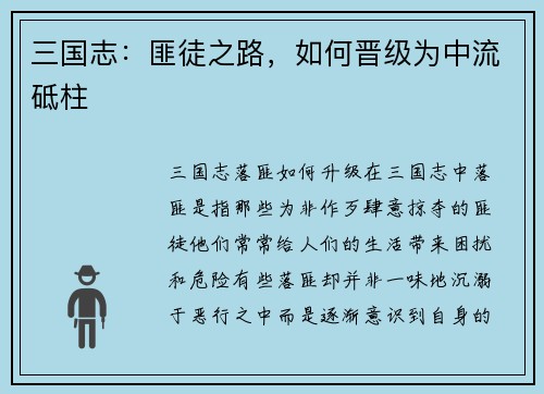 三国志：匪徒之路，如何晋级为中流砥柱