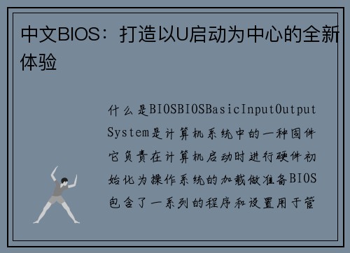 中文BIOS：打造以U启动为中心的全新体验