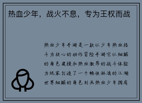 热血少年，战火不息，专为王权而战